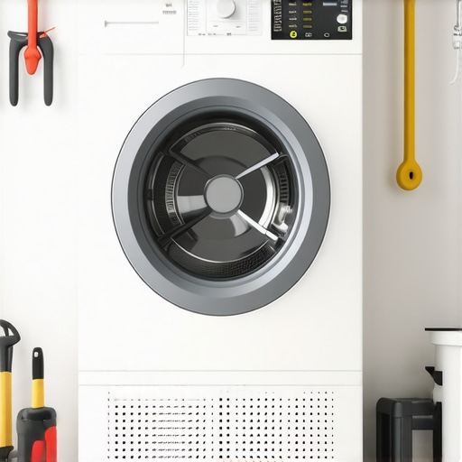 Modern laundry room with gas and heat pump dryers and maintenance tools
