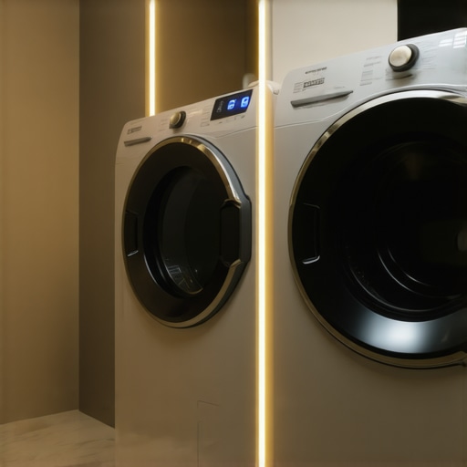 Futuristic laundry room featuring a smart, eco-friendly dryer with digital controls and Wi-Fi connectivity