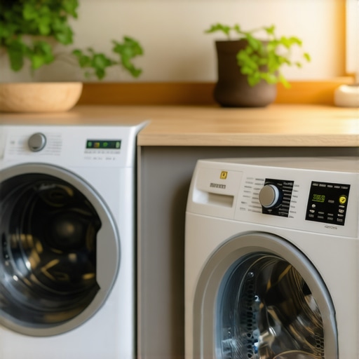 A modern laundry room featuring energy-efficient smart dryer appliances.