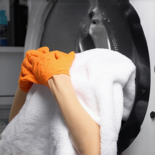 Person cleaning dryer lint filter in a clean laundry room