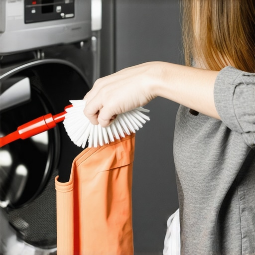 Dryer vent cleaning with a brush for maintenance Person using a brush to clean dryer vent in laundry room