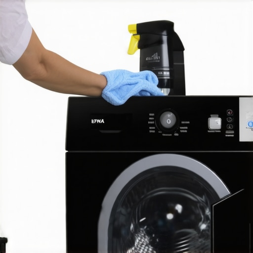 Person cleaning moisture sensor on a smart dryer with microfiber cloth in laundry room