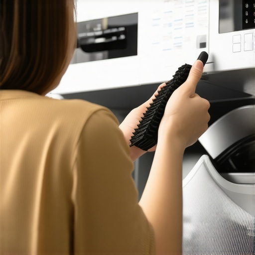Person cleaning a smart dryer vent with a brush in a modern laundry room.