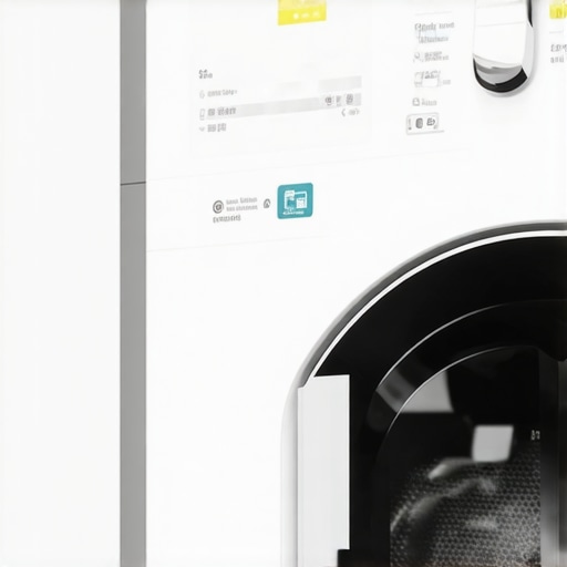 Close-up of a sleek heat pump dryer with digital controls and moisture sensors in a well-lit laundry room.