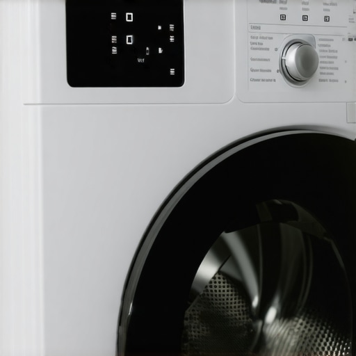 Close-up of a smart dryer with digital interface and moisture sensors in a laundry room.