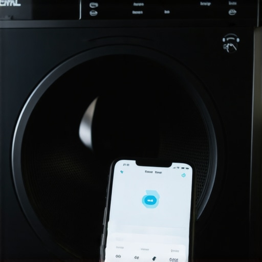 Modern smart dryer connected to a smartphone app for cycle control.