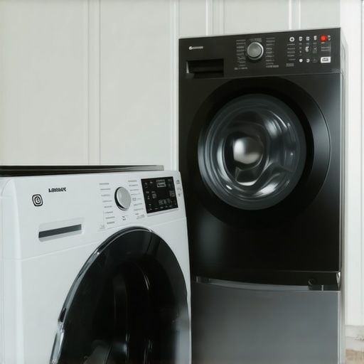 Smart Energy-Efficient Dryer Setup Modern laundry room showcasing energy-efficient heat pump and smart dryers.