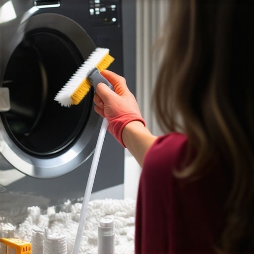 Cleaning Dryer Vent for Efficiency Person maintaining dryer vent with cleaning tools in laundry room.