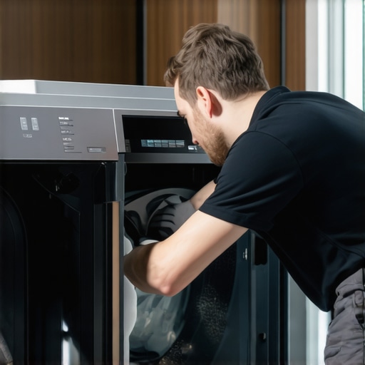 Technician removing lint from a dryer filter in a well-lit laundry space