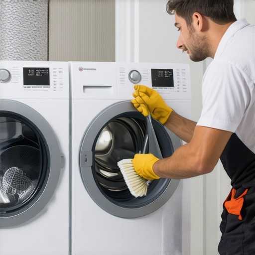Dryer Vent Cleaning Technician using a vent cleaning brush to maintain a clothes dryer's efficiency