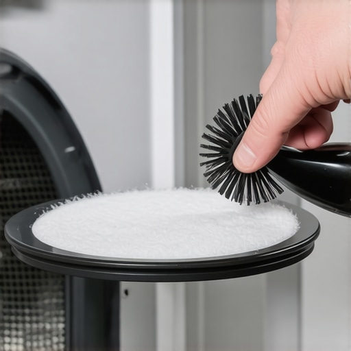 Person cleaning lint from dryer filter with magnetic brush to improve airflow