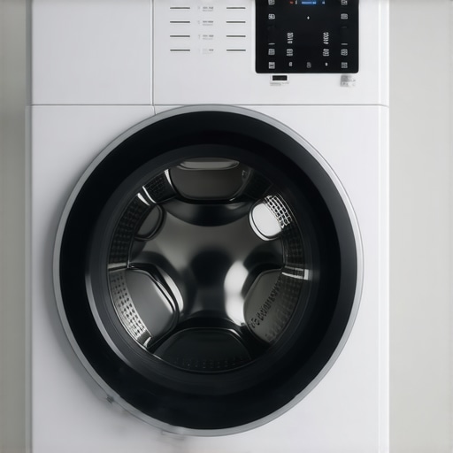 Close-up of a smart clothes dryer with digital interface and app connectivity in a modern laundry room.