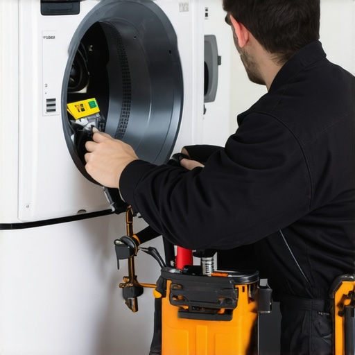 A technician using a narrow brush tool to clean a clothes dryer's vent duct.