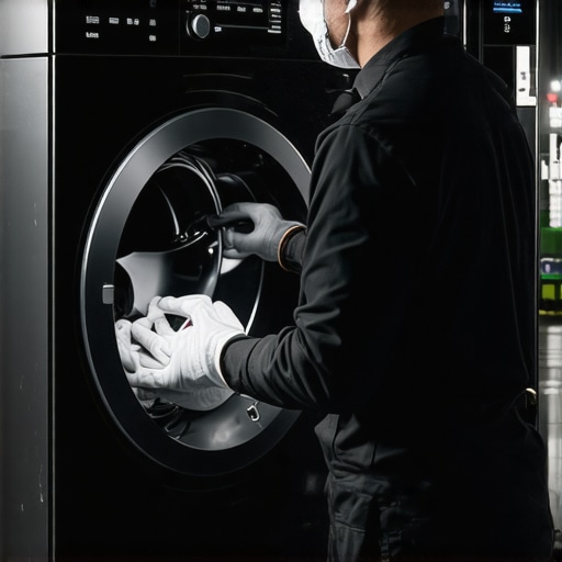 Technician using a vacuum attachment to clean a smart clothes dryer in a well-lit laundry space