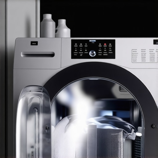 Close-up of a smart heat pump clothes dryer with digital display and moisture sensors.