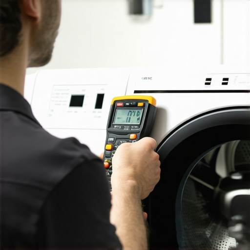 Tools for Dryer Maintenance Person inspecting and cleaning a smart dryer using multimeter and vacuum cleaner