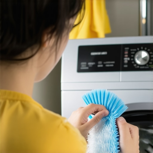 Person rinsing and brushing the heat pump dryer's condenser in a laundry room