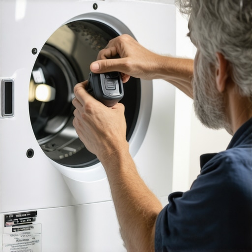 A person inspecting a dryer vent with a cordless inspection camera for lint and obstructions.