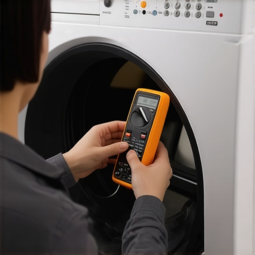 Technician inspecting a clothes dryer’s sensors with specialized tools.