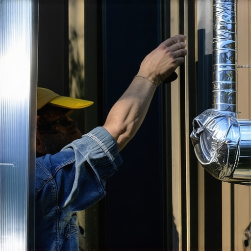Technician sealing a rigid metal dryer vent duct outdoors with foil tape
