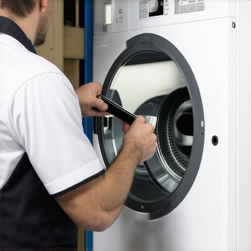 Technician inspecting a clothes dryer with a mirror tool to check for lint buildup