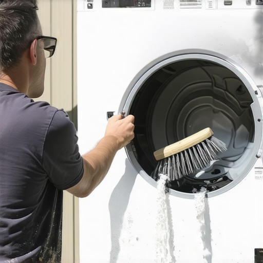 A person removing lint and debris from a dryer's outdoor vent using a cleaning brush