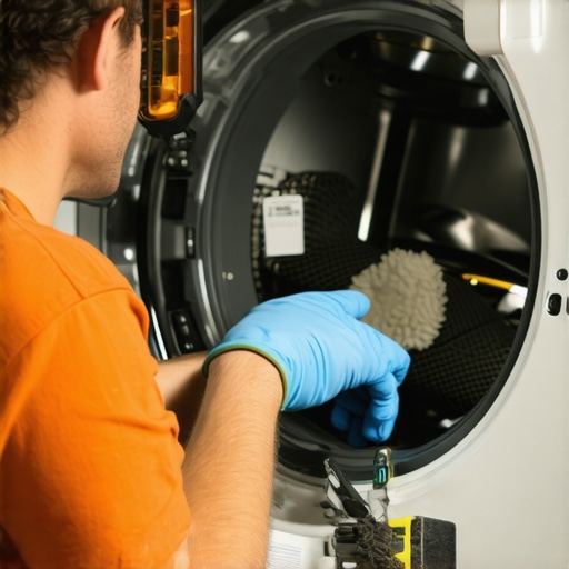 Person cleaning lint from heat pump dryer's coils and ducting to improve drying performance.