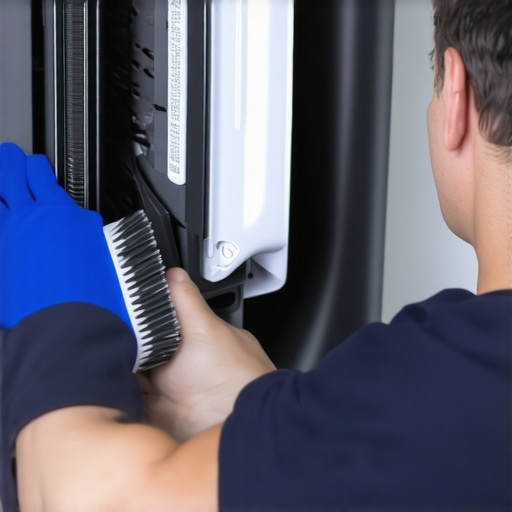 A technician cleaning the condenser coils of a heat pump dryer with a dedicated brush to enhance efficiency.