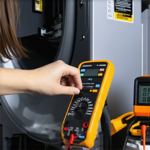 Person testing dryer electrical components with multimeter, surrounded by maintenance tools.