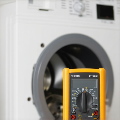 A multimeter measuring a dryer's thermal fuse in a well-lit laundry space.