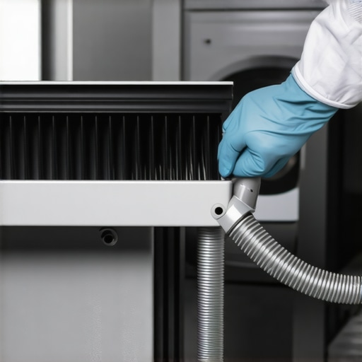 Dryer condenser cleaning process in progress Person cleaning dryer condenser with brush and vacuum to improve airflow and drying efficiency.