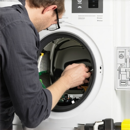 Technician checking the internal Wi-Fi module of a smart laundry dryer