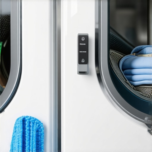 A technician cleaning moisture sensors inside a modern clothes dryer.